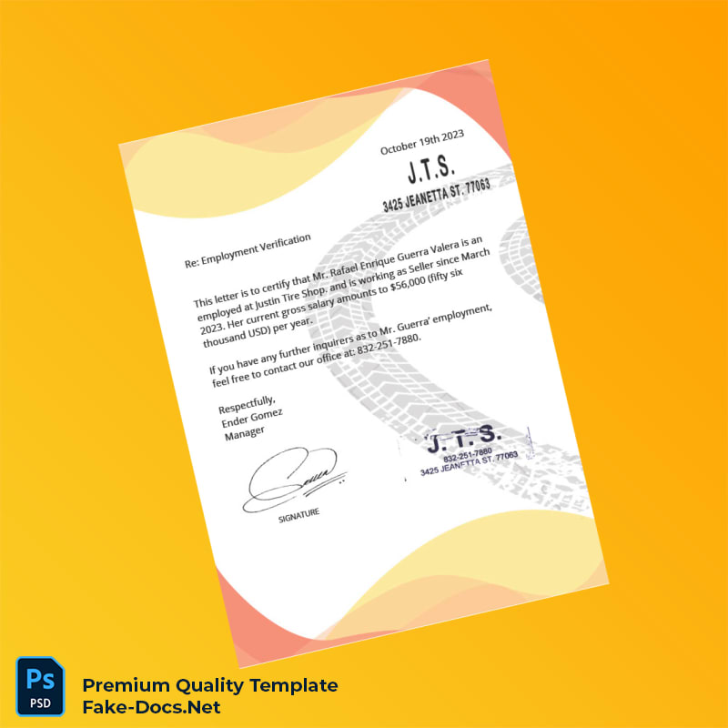 United States Justin Tire Shop Employment Verification Letter Template (Word & PDF) United States Justin Tire Shop Employment Verification Letter Template (Word & PDF)