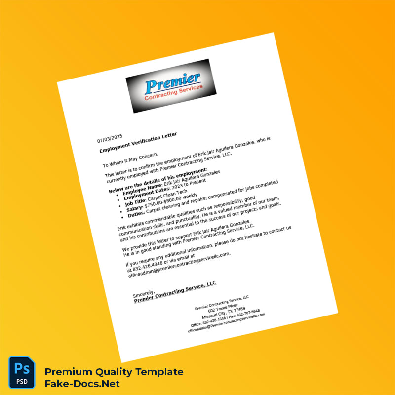 United States Premier Contracting Service Employment Verification Letter Template (Word & PDF) United States Premier Contracting Service Employment Verification Letter Template (Word & PDF)