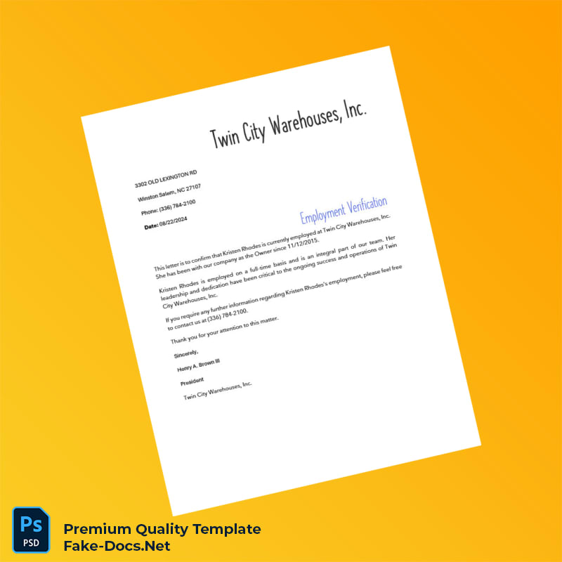 United States Twin City Warehouses Inc Employment Verification Letter Template (Word & PDF) United States Twin City Warehouses Inc Employment Verification Letter Template (Word & PDF)