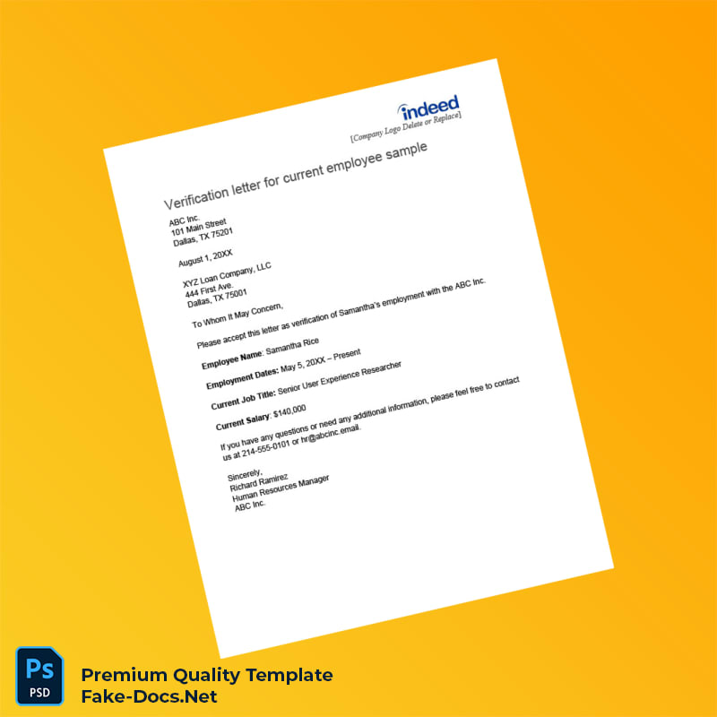 United States XYZ Inc Employment Verification Letter Template (Word & PDF) 4 page United States XYZ Inc Employment Verification Letter Template (Word & PDF) 4 page