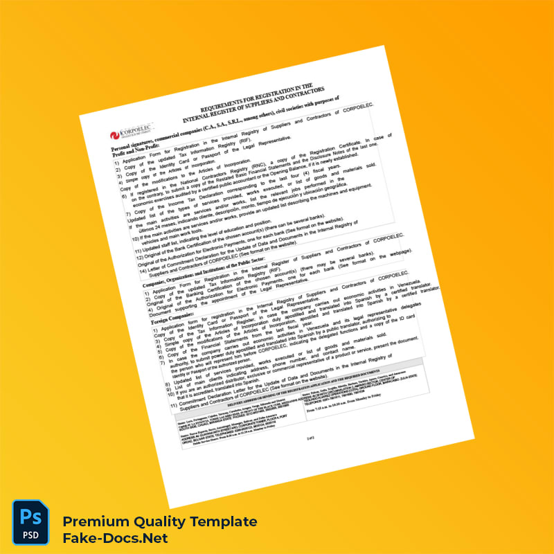 Venezuela CORPOELEC Registration Certificate Template (Word & PDF) 2 page Venezuela CORPOELEC Registration Certificate Template (Word & PDF) 2 page