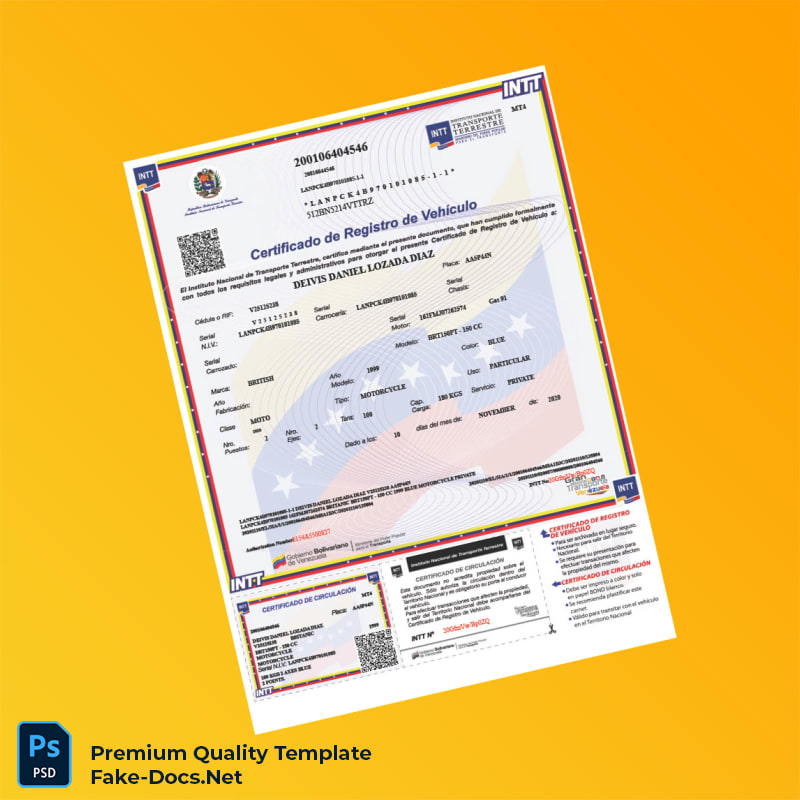 Venezuela INTT Vehicle Registration Certificate Template (Word & PDF) 2 page Venezuela INTT Vehicle Registration Certificate Template (Word & PDF) 2 page