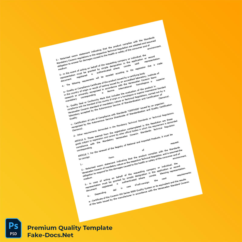 Venezuela Ministry of Commerce National Products Registration Certificate Template (Word & PDF) 6 page Venezuela Ministry of Commerce National Products Registration Certificate Template (Word & PDF) 6 page