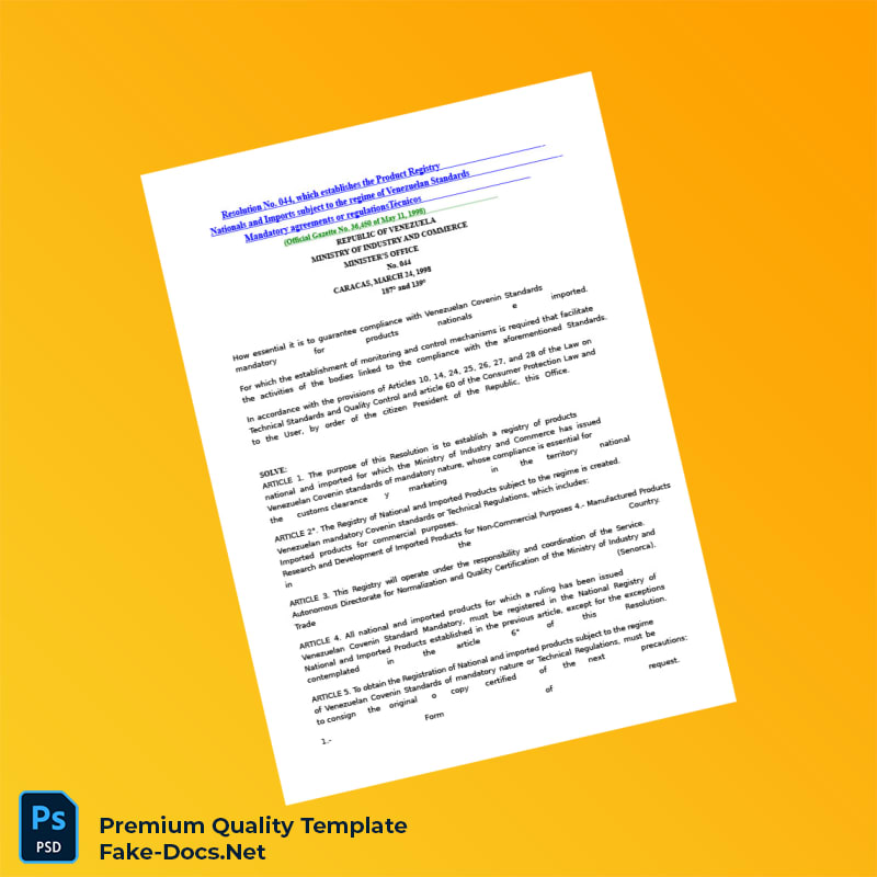 Venezuela Ministry of Commerce National Products Registration Certificate Template (Word & PDF) 6 page Venezuela Ministry of Commerce National Products Registration Certificate Template (Word & PDF) 6 page