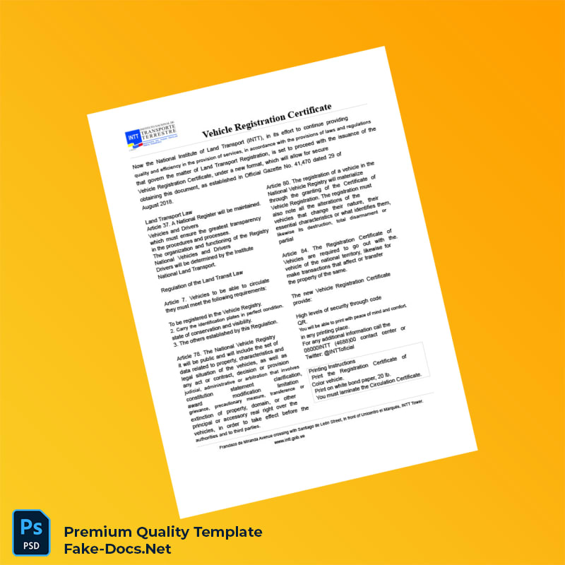 Venezuela National Institute of Land Transport Vehicle Registration Certificate Template (Word & PDF) 2 page Venezuela National Institute of Land Transport Vehicle Registration Certificate Template (Word & PDF) 2 page