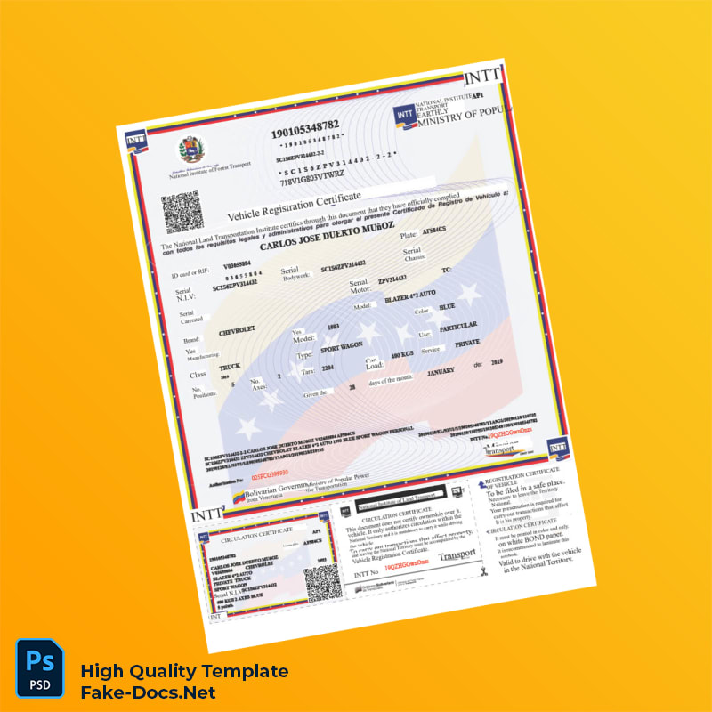 Venezuela National Institute of Land Transportation Vehicle Registration Certificate Template in Word and PDF formats 2 page Venezuela National Institute of Land Transportation Vehicle Registration Certificate Template in Word and PDF formats 2 page