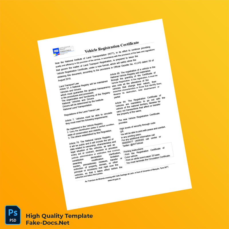 Venezuela National Institute of Land Transportation Vehicle Registration Certificate Template in Word and PDF formats 2 page Venezuela National Institute of Land Transportation Vehicle Registration Certificate Template in Word and PDF formats 2 page