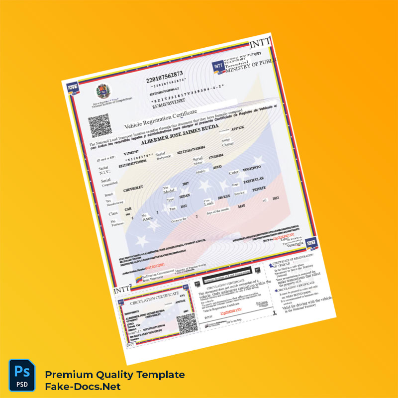 Venezuela National Land Transport Institute Vehicle Registration Certificate Template (Word & PDF) 2 page Venezuela National Land Transport Institute Vehicle Registration Certificate Template (Word & PDF) 2 page
