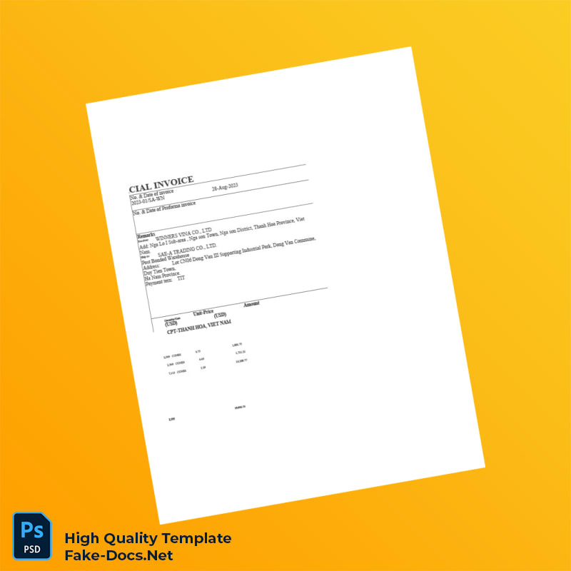 Vietnam DK YK HANOI SB CO LTD Commercial Invoice Template in Word and PDF formats 6 page Vietnam DK YK HANOI SB CO LTD Commercial Invoice Template in Word and PDF formats 6 page