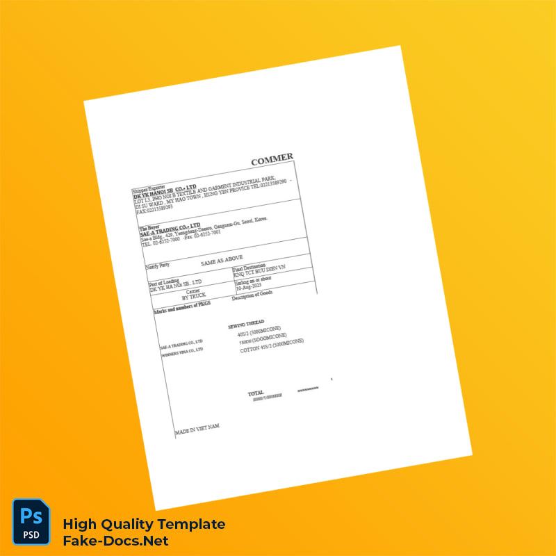 Vietnam DK YK HANOI SB CO LTD Commercial Invoice Template in Word and PDF formats 6 page Vietnam DK YK HANOI SB CO LTD Commercial Invoice Template in Word and PDF formats 6 page