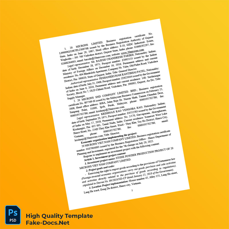 Vietnam Hanoi Department of Planning and Investment Investment Registration Certificate Template in Word and PDF formats 4 page Vietnam Hanoi Department of Planning and Investment Investment Registration Certificate Template in Word and PDF formats 4 page