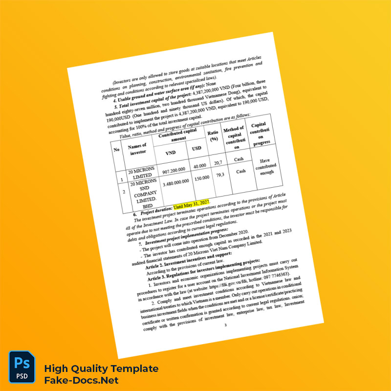 Vietnam Hanoi Department of Planning and Investment Investment Registration Certificate Template in Word and PDF formats 4 page Vietnam Hanoi Department of Planning and Investment Investment Registration Certificate Template in Word and PDF formats 4 page