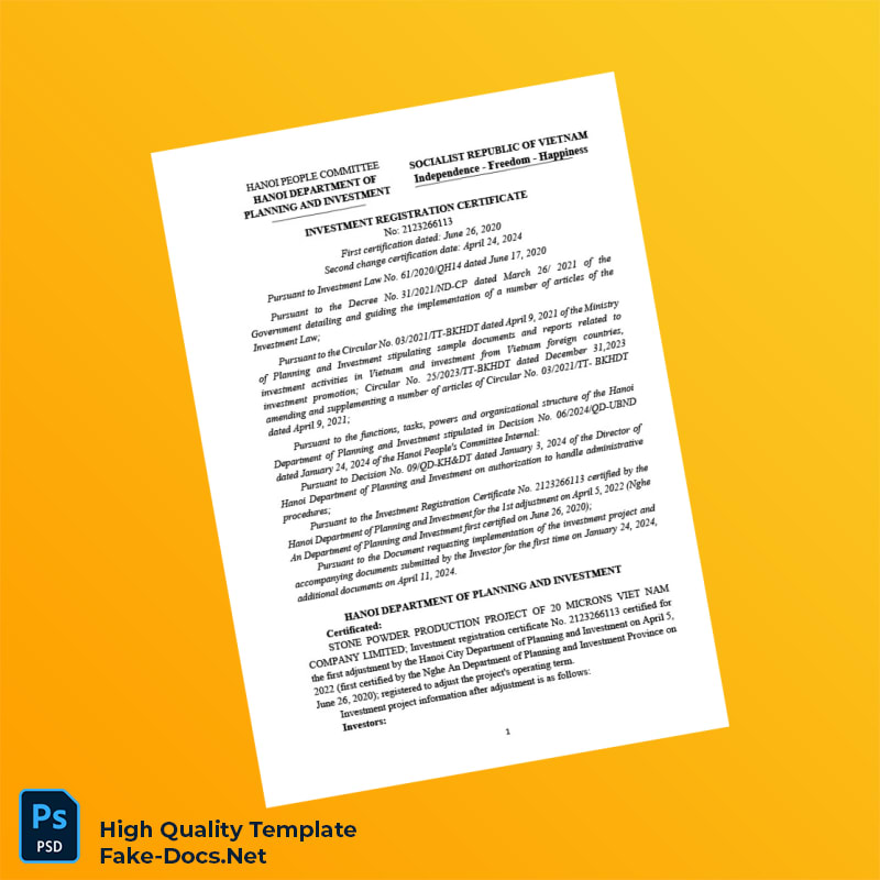 Vietnam Hanoi Department of Planning and Investment Investment Registration Certificate Template in Word and PDF formats 4 page Vietnam Hanoi Department of Planning and Investment Investment Registration Certificate Template in Word and PDF formats 4 page