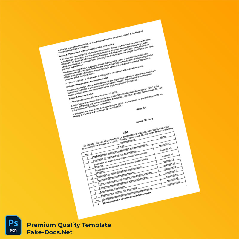 Vietnam Ministry of Planning and Investment Enterprise Registration Circular Template (Word & PDF) 6 page Vietnam Ministry of Planning and Investment Enterprise Registration Circular Template (Word & PDF) 6 page