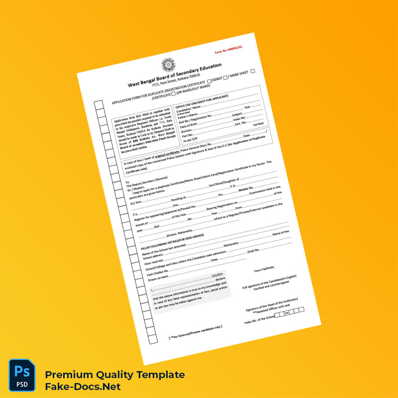 West Bengal Board of Secondary Education Duplicate Registration Certificate Application Form Template (Word & PDF) 2 page West Bengal Board of Secondary Education Duplicate Registration Certificate Application Form Template (Word & PDF) 2 page