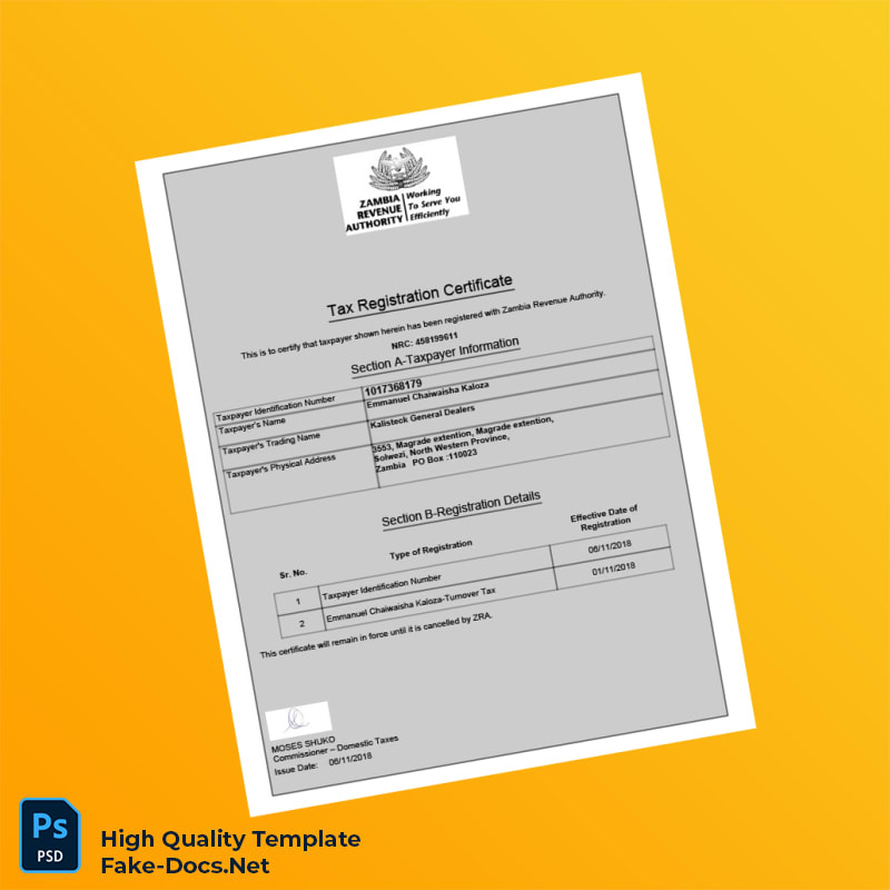 Zambia Revenue Authority Tax Registration Certificate Template in Word and PDF formats Zambia Revenue Authority Tax Registration Certificate Template in Word and PDF formats