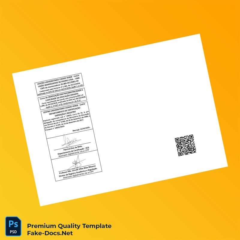 Brazil Centro Universitário Cidade Verde Technologist in Psychomotricity Diploma – High Quality Replacement Template 2 Page Brazil Centro Universitário Cidade Verde Technologist in Psychomotricity Diploma – High Quality Replacement Template 2 Page