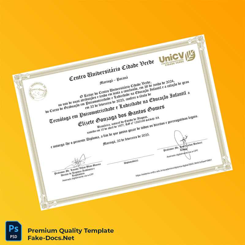 Brazil Centro Universitário Cidade Verde Technologist in Psychomotricity Diploma – High Quality Replacement Template 2 Page Brazil Centro Universitário Cidade Verde Technologist in Psychomotricity Diploma – High Quality Replacement Template 2 Page