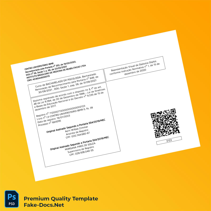 Brazil Centro Universitário IBMR Bachelor of Psychology Degree Template – High Quality Replacement Template 2 Page Brazil Centro Universitário IBMR Bachelor of Psychology Degree Template – High Quality Replacement Template 2 Page