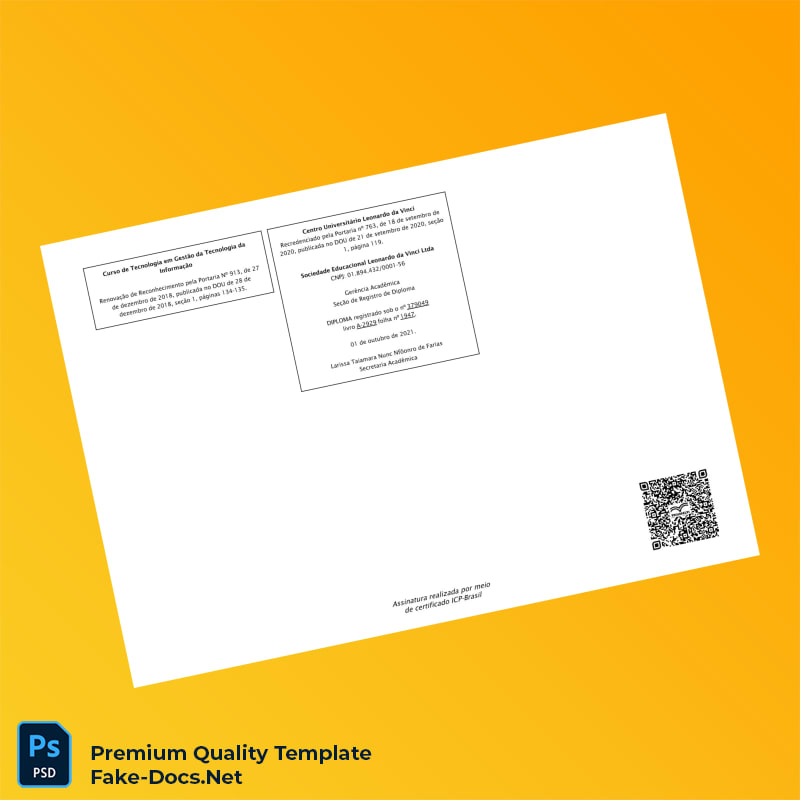 Brazil Centro Universitário Leonardo da Vinci Technology Management Diploma – High Quality Replacement Template 2 Page Brazil Centro Universitário Leonardo da Vinci Technology Management Diploma – High Quality Replacement Template 2 Page