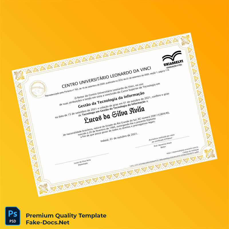 Brazil Centro Universitário Leonardo da Vinci Technology Management Diploma – High Quality Replacement Template 2 Page Brazil Centro Universitário Leonardo da Vinci Technology Management Diploma – High Quality Replacement Template 2 Page