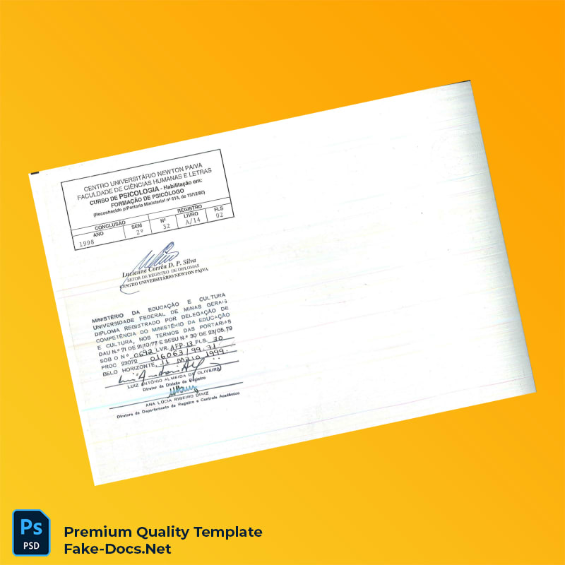 Brazil Centro Universitário Newton Paiva Bachelor of Psychology Diploma Template – High Quality Replacement Template 2 Page Brazil Centro Universitário Newton Paiva Bachelor of Psychology Diploma Template – High Quality Replacement Template 2 Page