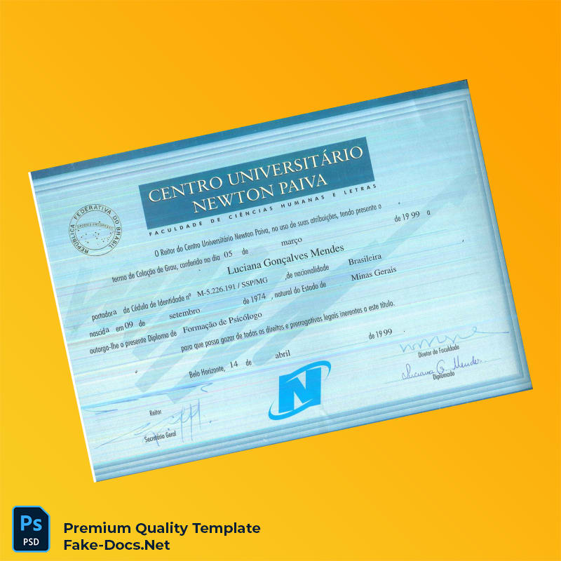 Brazil Centro Universitário Newton Paiva Bachelor of Psychology Diploma Template – High Quality Replacement Template 2 Page Brazil Centro Universitário Newton Paiva Bachelor of Psychology Diploma Template – High Quality Replacement Template 2 Page
