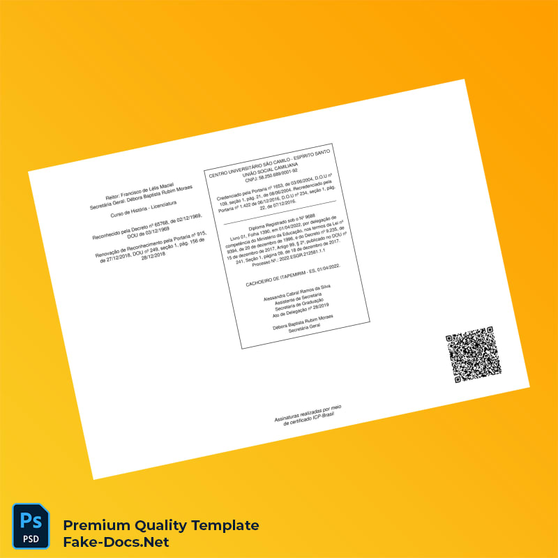 Brazil Centro Universitário São Camilo Bachelor of History Diploma – High Quality Replacement Template 2 Page Brazil Centro Universitário São Camilo Bachelor of History Diploma – High Quality Replacement Template 2 Page