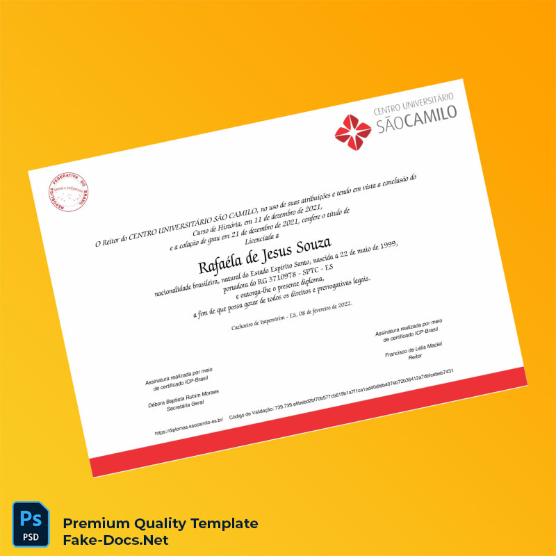 Brazil Centro Universitário São Camilo Bachelor of History Diploma – High Quality Replacement Template 2 Page Brazil Centro Universitário São Camilo Bachelor of History Diploma – High Quality Replacement Template 2 Page