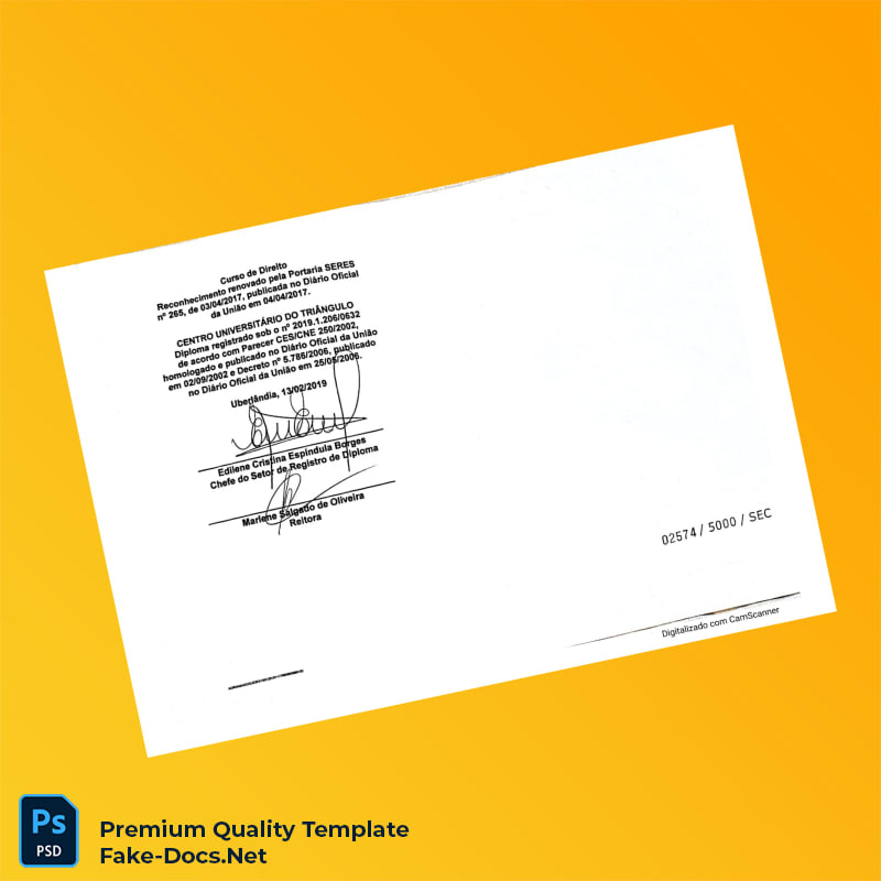 Brazil Centro Universitário do Triângulo Bachelor of Law Diploma – High Quality Replacement Template 2 Page Brazil Centro Universitário do Triângulo Bachelor of Law Diploma – High Quality Replacement Template 2 Page