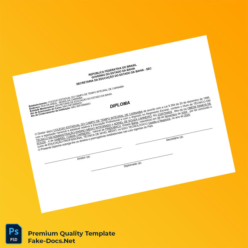 Brazil College Estadual do Campo de Tempo Integral de Carnabai Technical Diploma in Business Administration – High Quality Replacement Template 3 Page Brazil College Estadual do Campo de Tempo Integral de Carnabai Technical Diploma in Business Administration – High Quality Replacement Template 3 Page