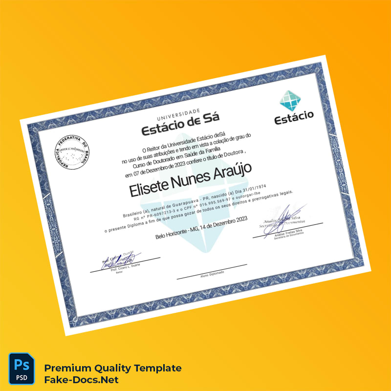 Brazil Estácio University Doctorate in Family Health Diploma – High Quality Replacement Template 2 Page Brazil Estácio University Doctorate in Family Health Diploma – High Quality Replacement Template 2 Page