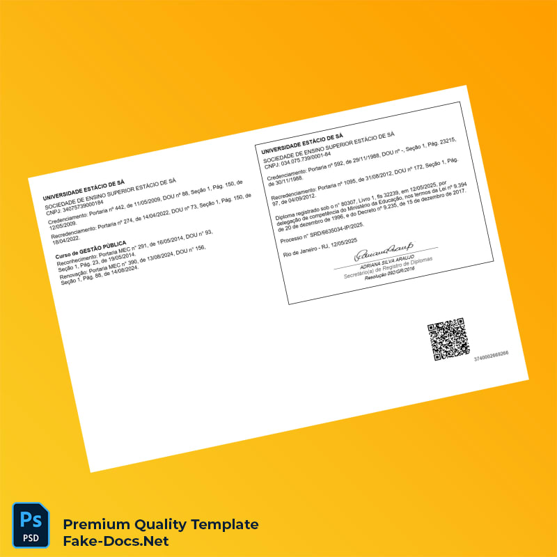 Brazil Estácio de Sá University Technologist Diploma in Public Management – High Quality Replacement Template 2 Page Brazil Estácio de Sá University Technologist Diploma in Public Management – High Quality Replacement Template 2 Page