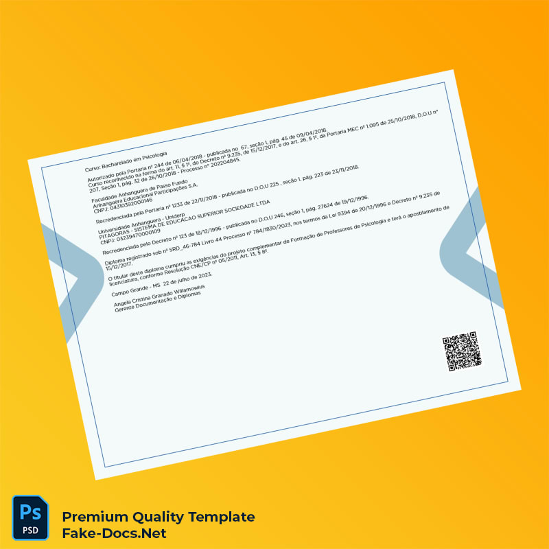 Brazil Faculdade Anhanguera de Passo Fundo Bachelor of Science in Psychology Template – High Quality Replacement Template 2 Page Brazil Faculdade Anhanguera de Passo Fundo Bachelor of Science in Psychology Template – High Quality Replacement Template 2 Page