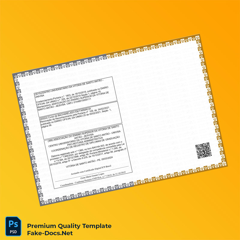 Brazil UNIVISA Bachelor of Pharmacy Degree Template – High Quality Replacement Template 2 Page Brazil UNIVISA Bachelor of Pharmacy Degree Template – High Quality Replacement Template 2 Page