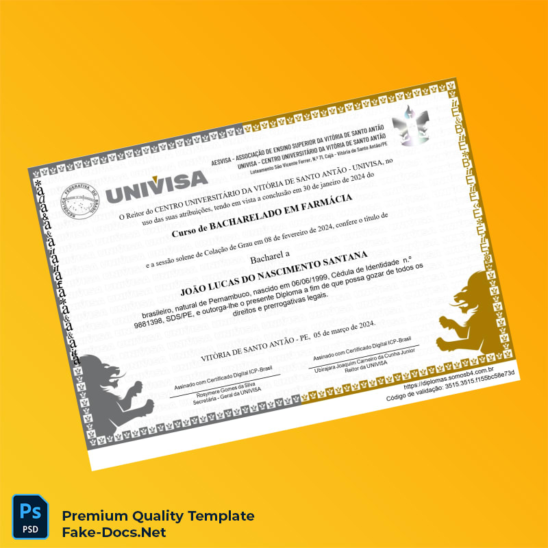Brazil UNIVISA Bachelor of Pharmacy Degree Template – High Quality Replacement Template 2 Page Brazil UNIVISA Bachelor of Pharmacy Degree Template – High Quality Replacement Template 2 Page