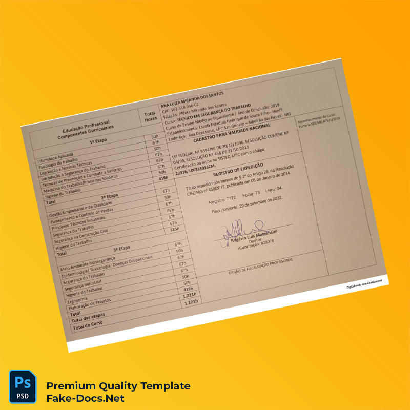 Brazil UTRAMIG Technical Diploma in Occupational Safety – High Quality Replacement Template 2 Page Brazil UTRAMIG Technical Diploma in Occupational Safety – High Quality Replacement Template 2 Page