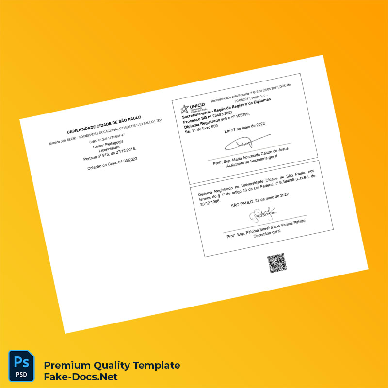 Brazil Universidade Cidade de São Paulo Bachelor of Education in Pedagogy Template – High Quality Replacement Template 2 Page Brazil Universidade Cidade de São Paulo Bachelor of Education in Pedagogy Template – High Quality Replacement Template 2 Page