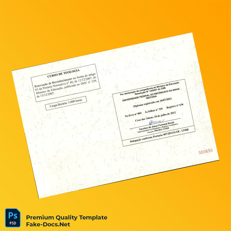 Brazil Universidade Federal do Reconcavo da Bahia Bachelor of Theology Diploma Template – High Quality Replacement Template 2 Page Brazil Universidade Federal do Reconcavo da Bahia Bachelor of Theology Diploma Template – High Quality Replacement Template 2 Page