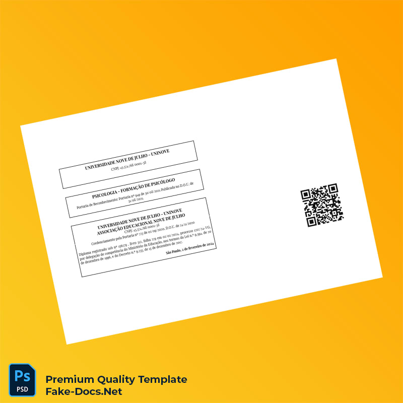 Brazil Universidade Nove de Julho Bachelor of Psychology Template – High Quality Replacement Template 2 Page Brazil Universidade Nove de Julho Bachelor of Psychology Template – High Quality Replacement Template 2 Page