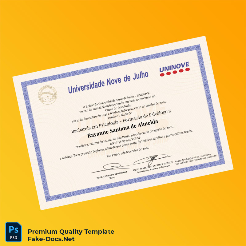 Brazil Universidade Nove de Julho Bachelor of Psychology Template – High Quality Replacement Template 2 Page Brazil Universidade Nove de Julho Bachelor of Psychology Template – High Quality Replacement Template 2 Page