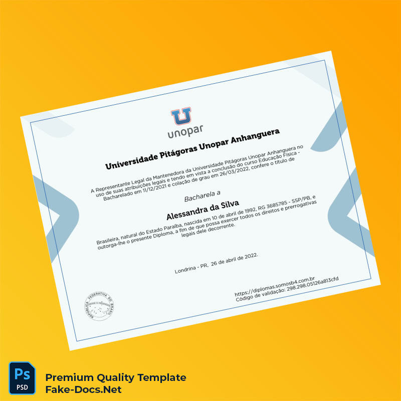 Brazil Universidade Pitágoras Unopar Anhanguera Bachelor of Physical Education Diploma – High Quality Replacement Template 2 Page Brazil Universidade Pitágoras Unopar Anhanguera Bachelor of Physical Education Diploma – High Quality Replacement Template 2 Page