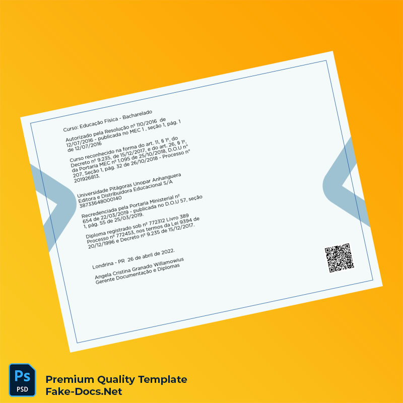 Brazil Universidade Pitágoras Unopar Anhanguera Bachelor of Physical Education Template – High Quality Replacement Template 2 Page Brazil Universidade Pitágoras Unopar Anhanguera Bachelor of Physical Education Template – High Quality Replacement Template 2 Page