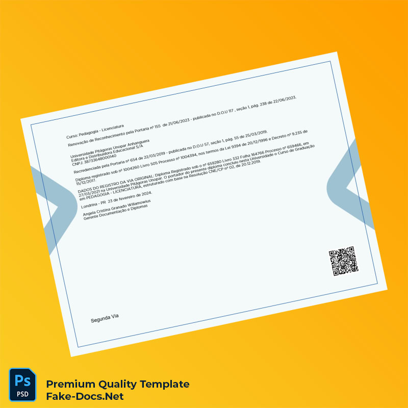 Brazil Universidade Pitágoras Unopar Bachelor of Education Degree Certificate – High Quality Replacement Template 2 Page Brazil Universidade Pitágoras Unopar Bachelor of Education Degree Certificate – High Quality Replacement Template 2 Page