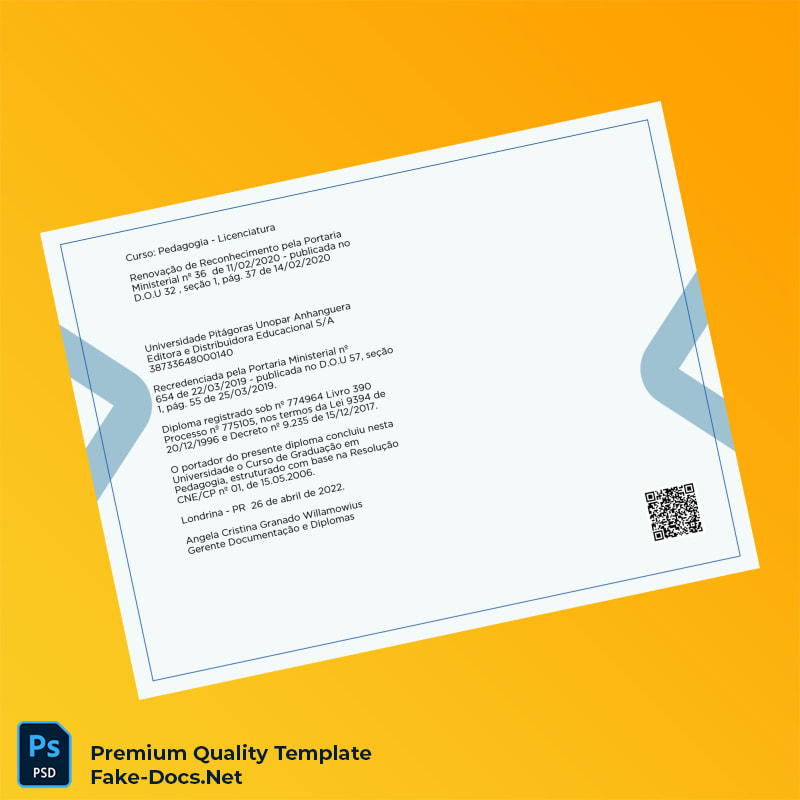 Brazil University Pitágoras Unopar Anhanguera Bachelor of Education Diploma – High Quality Replacement Template 2 Page Brazil University Pitágoras Unopar Anhanguera Bachelor of Education Diploma – High Quality Replacement Template 2 Page