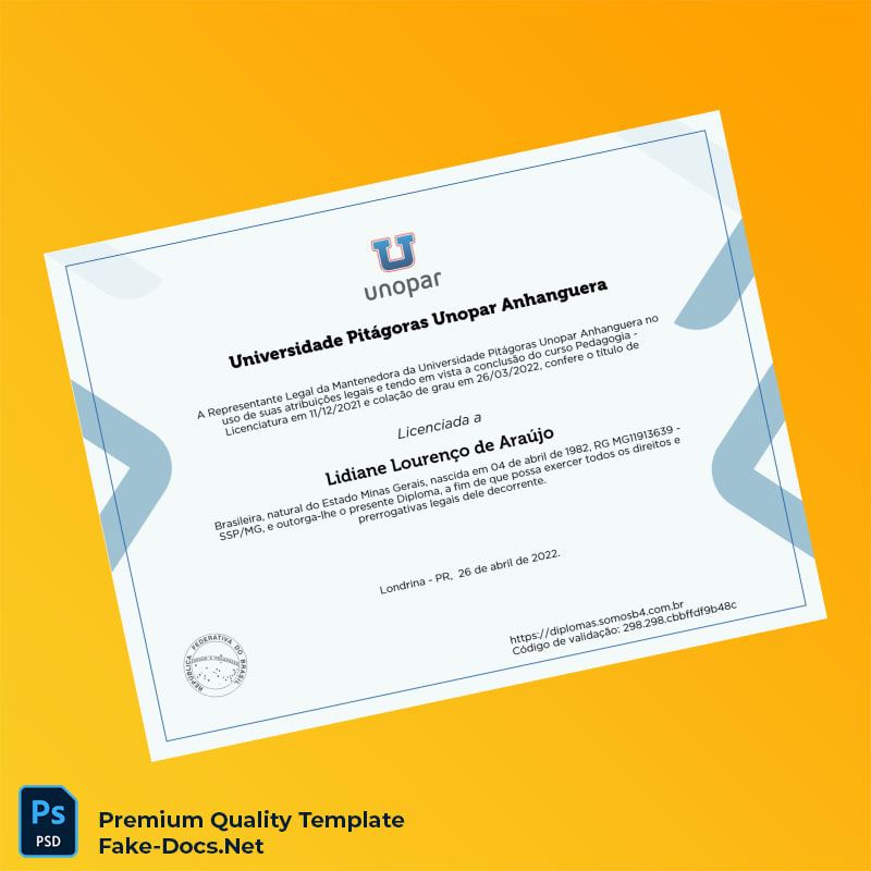 Brazil University Pitágoras Unopar Anhanguera Bachelor of Education Diploma – High Quality Replacement Template 2 Page Brazil University Pitágoras Unopar Anhanguera Bachelor of Education Diploma – High Quality Replacement Template 2 Page
