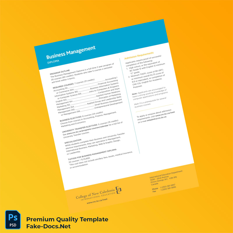 Canada College of New Caledonia Business Management Diploma Template – High Quality Replacement Template 2 Page Canada College of New Caledonia Business Management Diploma Template – High Quality Replacement Template 2 Page