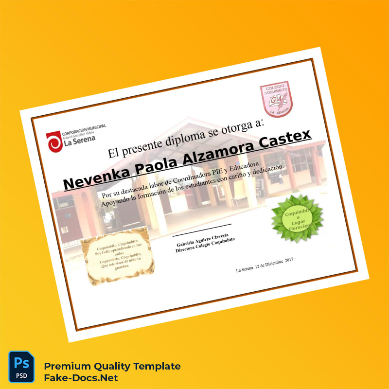 Chile Colegio Coquimbito Diploma of Recognition – High Quality Replacement Template 2 Page Chile Colegio Coquimbito Diploma of Recognition – High Quality Replacement Template 2 Page