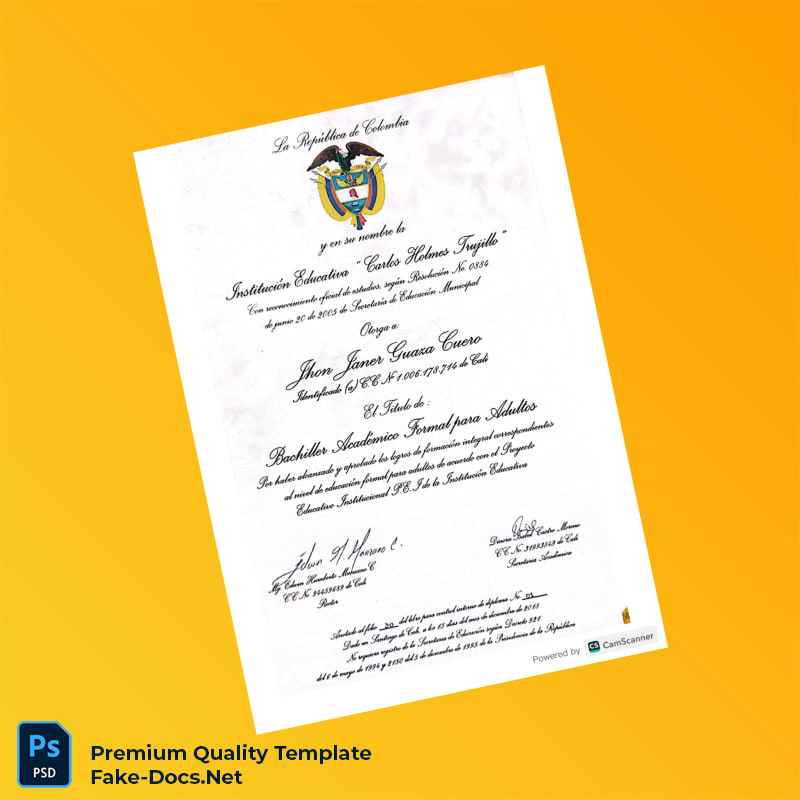 Colombia Carlos Holmes Trujillo High School Diploma – High Quality Replacement Template 2 Page Colombia Carlos Holmes Trujillo High School Diploma – High Quality Replacement Template 2 Page