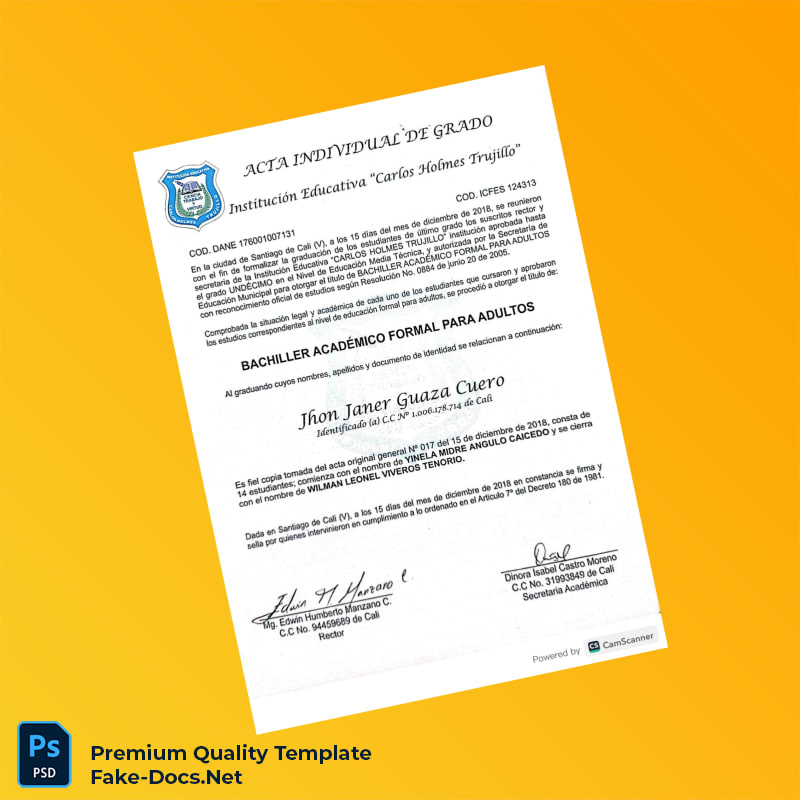 Colombia Carlos Holmes Trujillo High School Diploma – High Quality Replacement Template 2 Page Colombia Carlos Holmes Trujillo High School Diploma – High Quality Replacement Template 2 Page